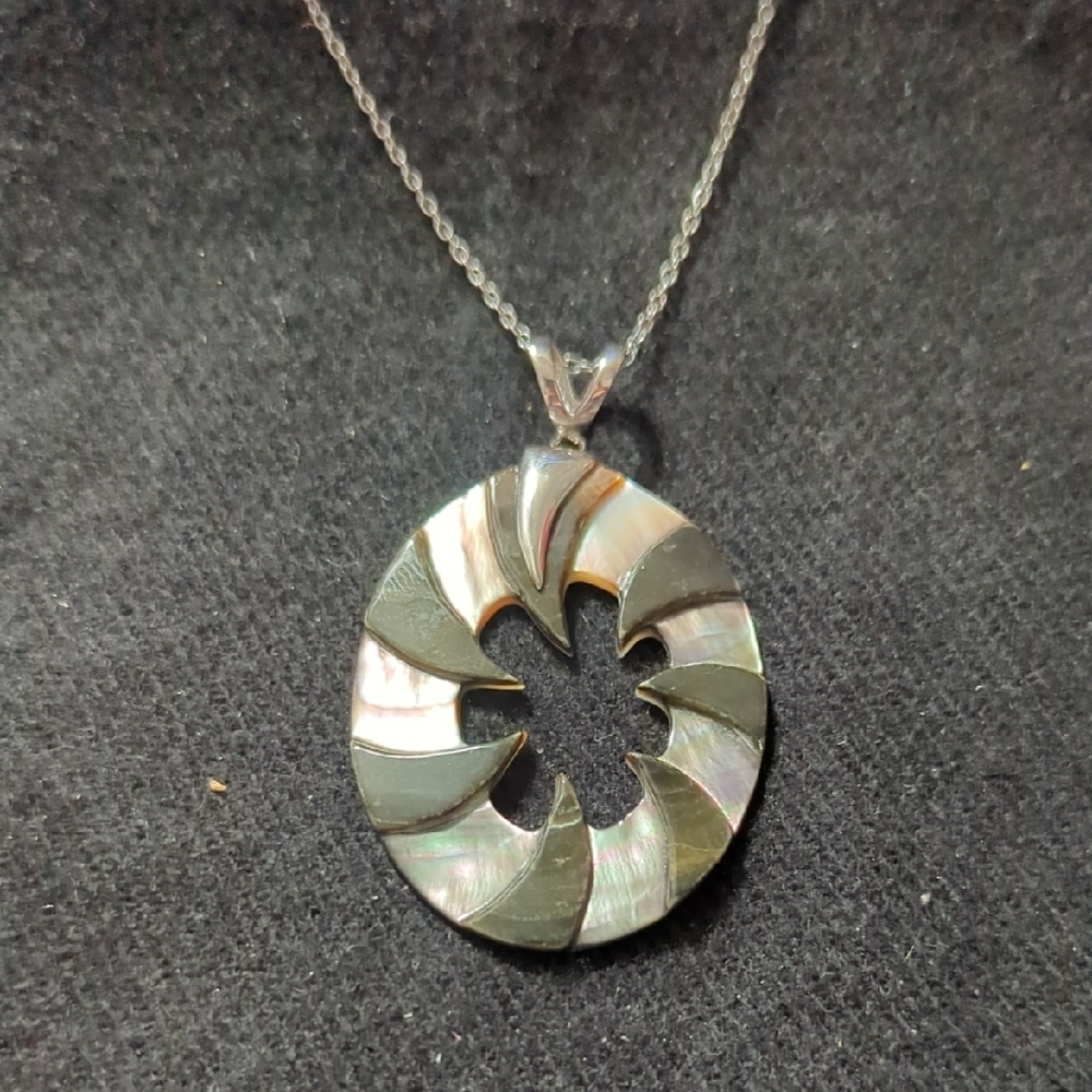 Sterling Silver Carved Mother Of Pearl Oval Pendant Statement Necklace